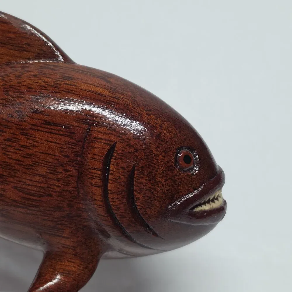 Piranha Vintage Hand Carved Wooden Figurine With Real Teeth